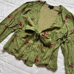 majorelle green picnic floral blouse womens small tie front crop fairy whimsical